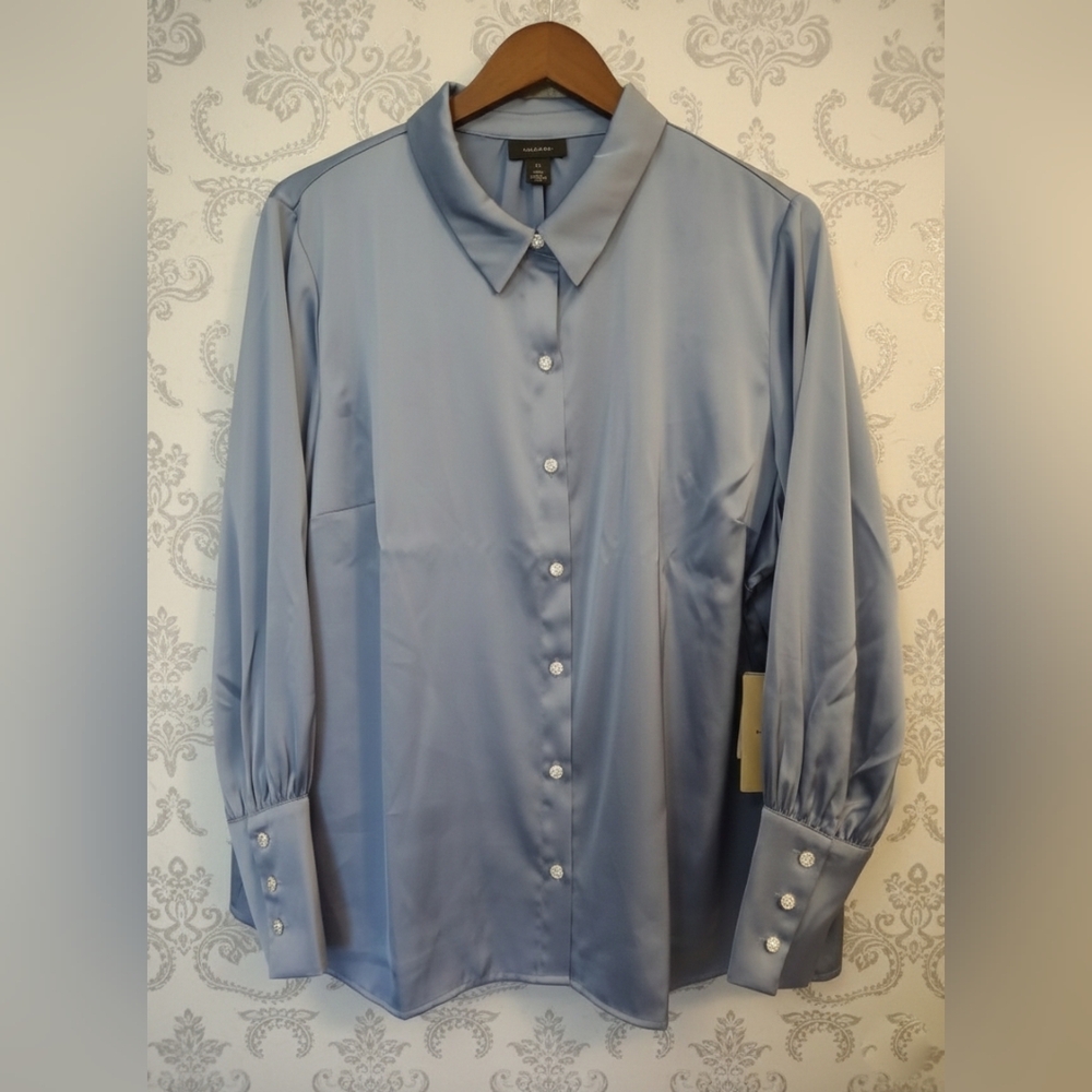 NWT Halogen Blue Blossom Satin Button-Down Blouse | Rhinestone Cuffs | Size 2X